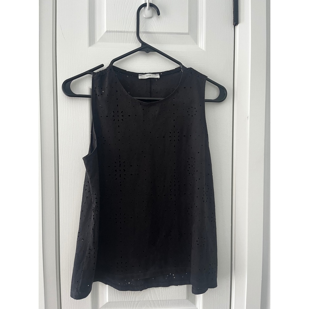 Ripe Black Faux‎ Suede Laser Cut Eyelet Sleeveless Top Crew Neck Boho Tank - Picture 7 of 7